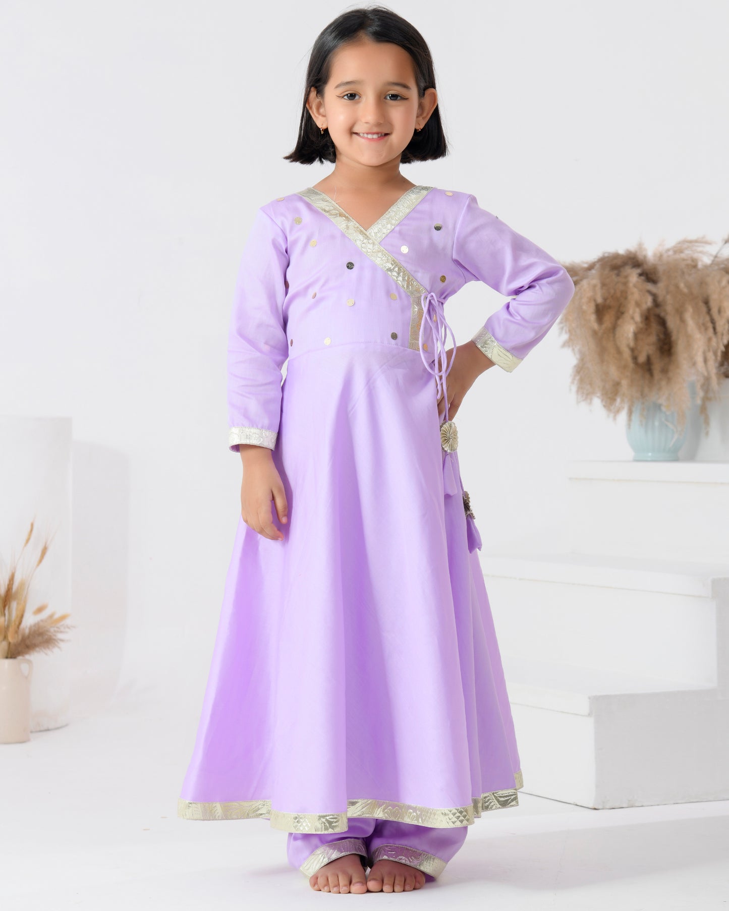 Lavender Cotton Silk Embellished Gota Lace Angarkha Set