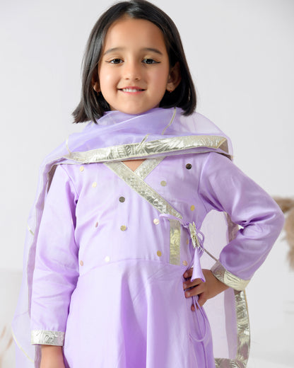 Lavender Cotton Silk Embellished Gota Lace Angarkha Set