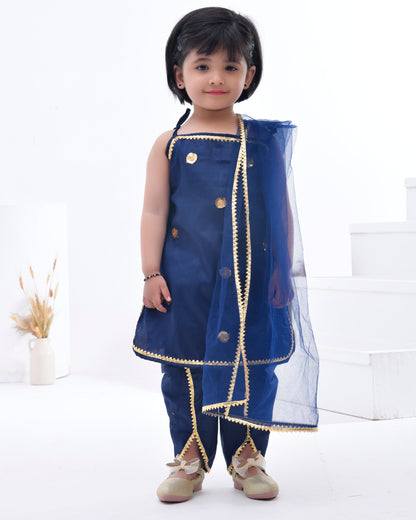 Blue Cotton Silk Embellished Gota Navy And Sequin Kurta Set