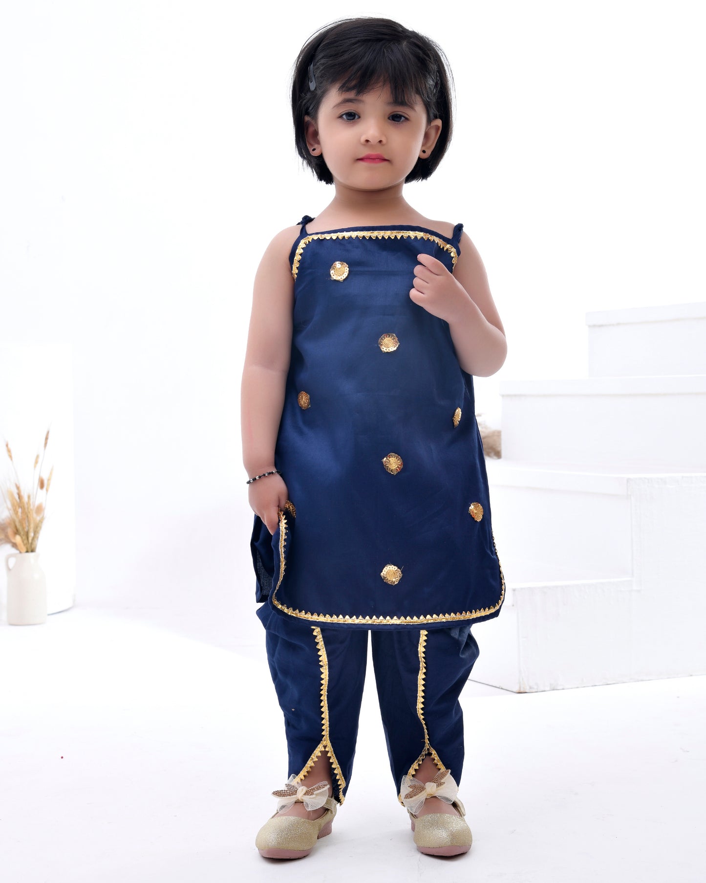 Blue Cotton Silk Embellished Gota Navy And Sequin Kurta Set