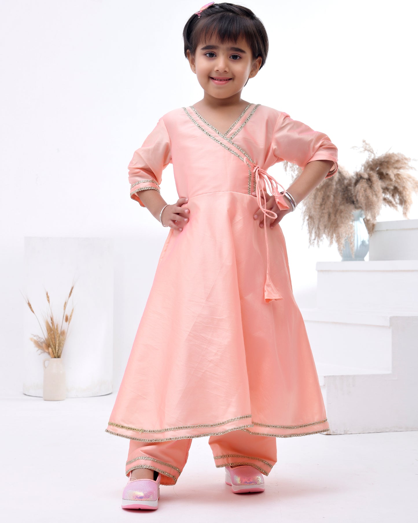 Peach Taffeta Silk Embellished Gota Lace Angarkha Set