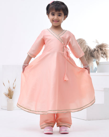 Peach Taffeta Silk Embellished Gota Lace Angarkha Set