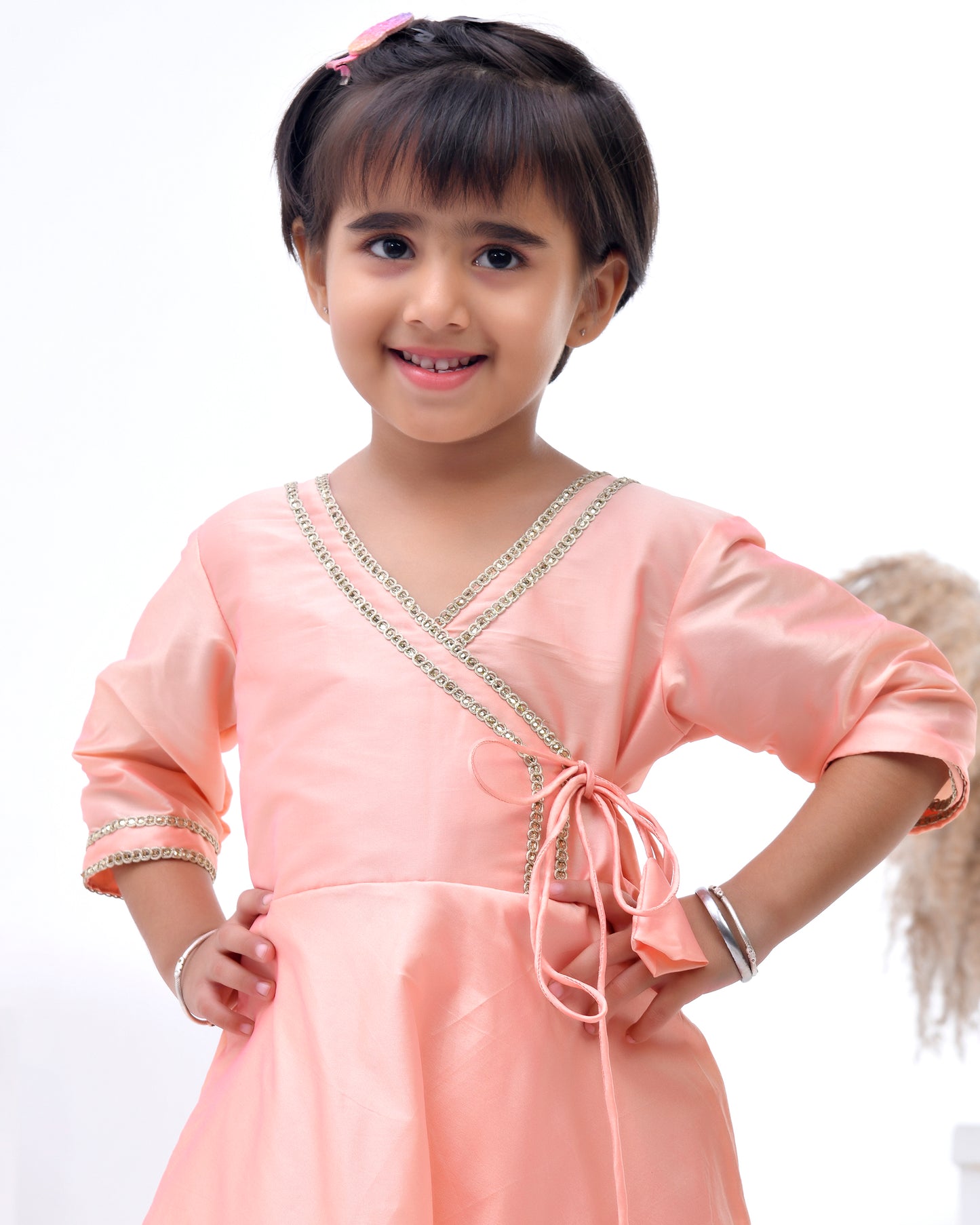 Peach Taffeta Silk Embellished Gota Lace Angarkha Set