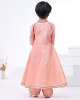 Peach Taffeta Silk Embellished Gota Lace Angarkha Set