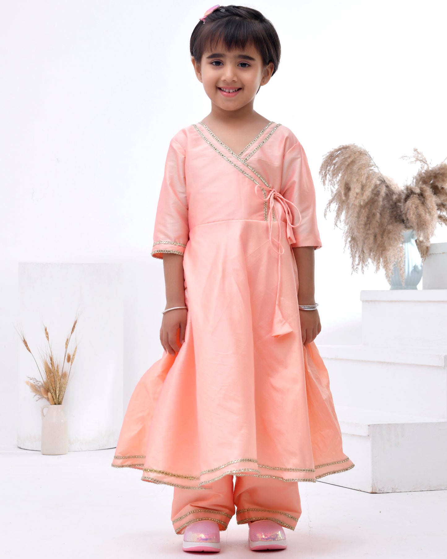 Peach Taffeta Silk Embellished Gota Lace Angarkha Set