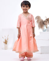 Peach Taffeta Silk Embellished Gota Lace Angarkha Set