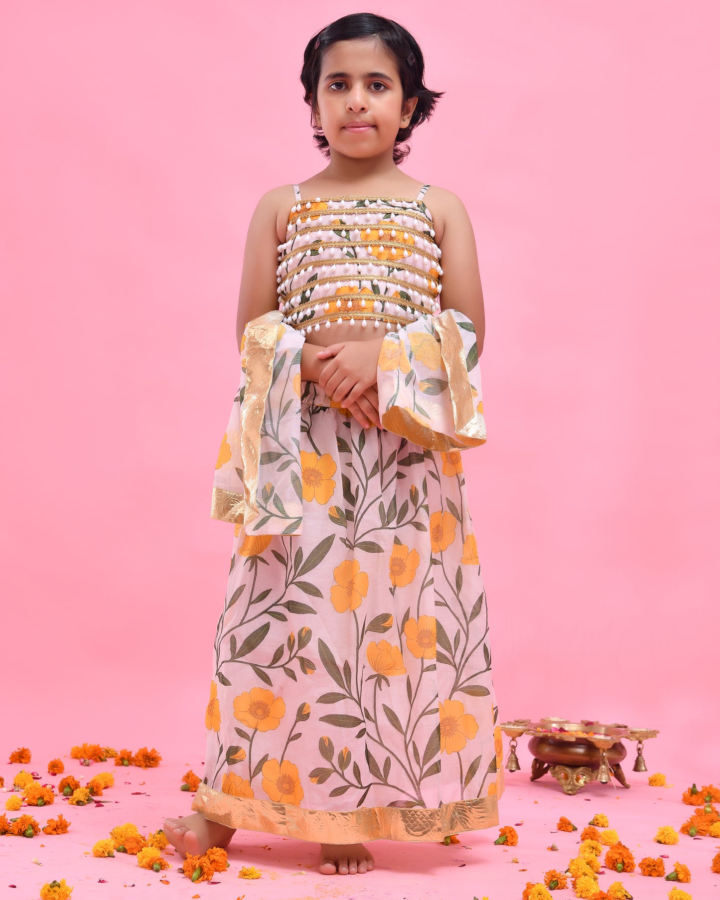 Off-White Chanderi Floral Printed Lehenga Set