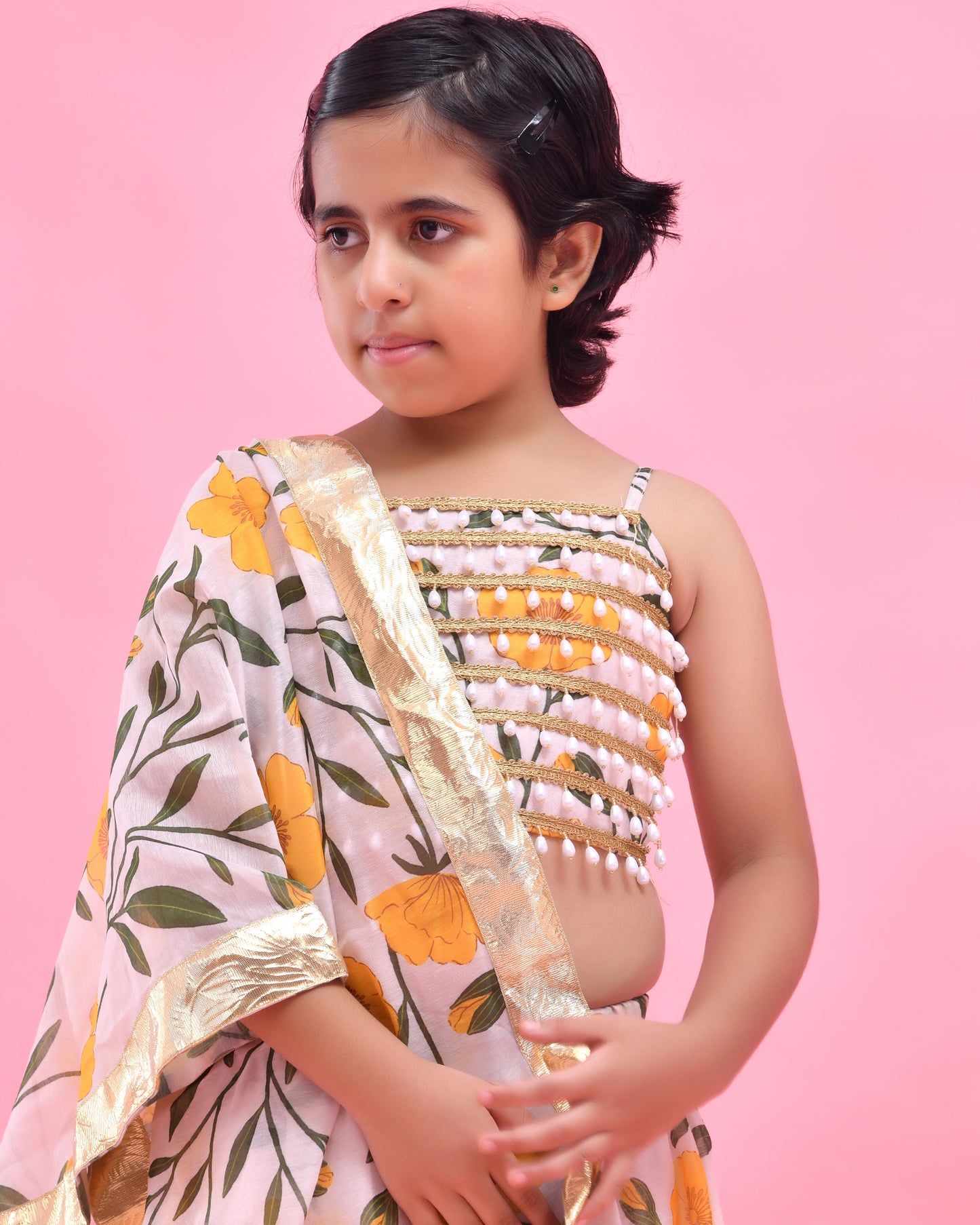 Off-White Chanderi Floral Printed Lehenga Set