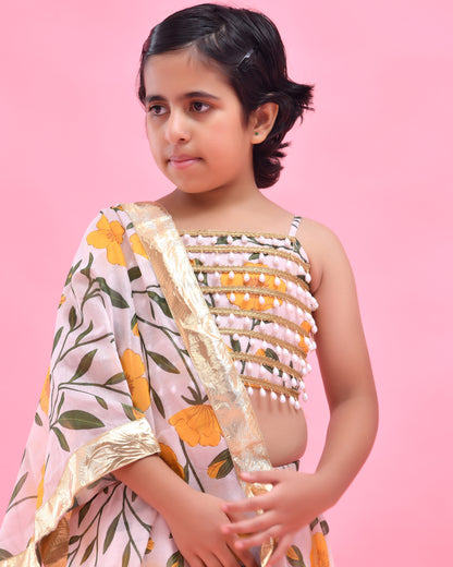 Off-White Chanderi Floral Printed Lehenga Set