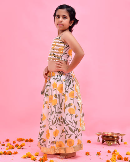Off-White Chanderi Floral Printed Lehenga Set