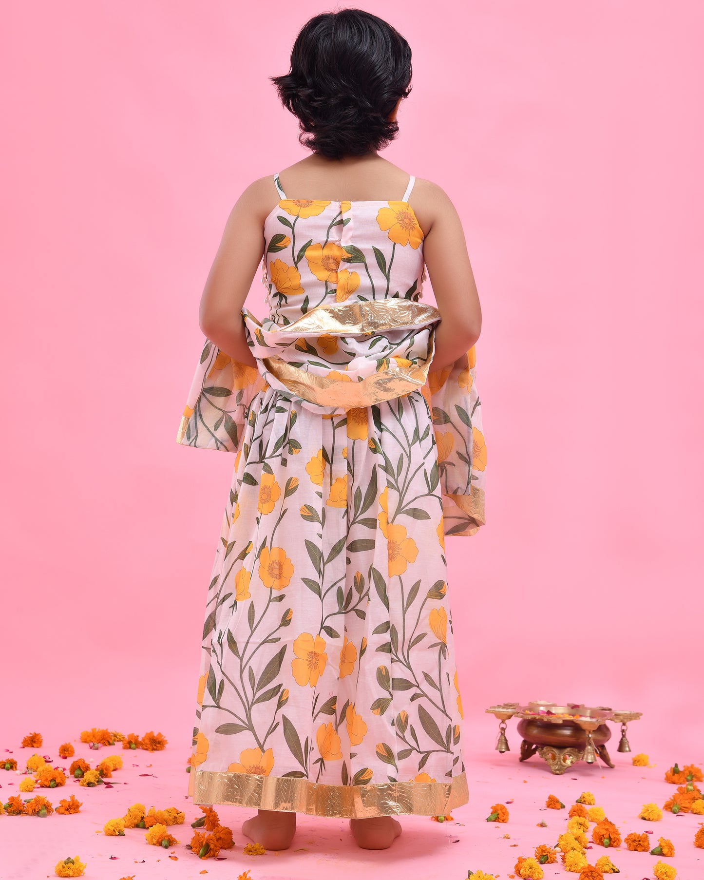 Off-White Chanderi Floral Printed Lehenga Set