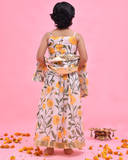 Off-White Chanderi Floral Printed Lehenga Set