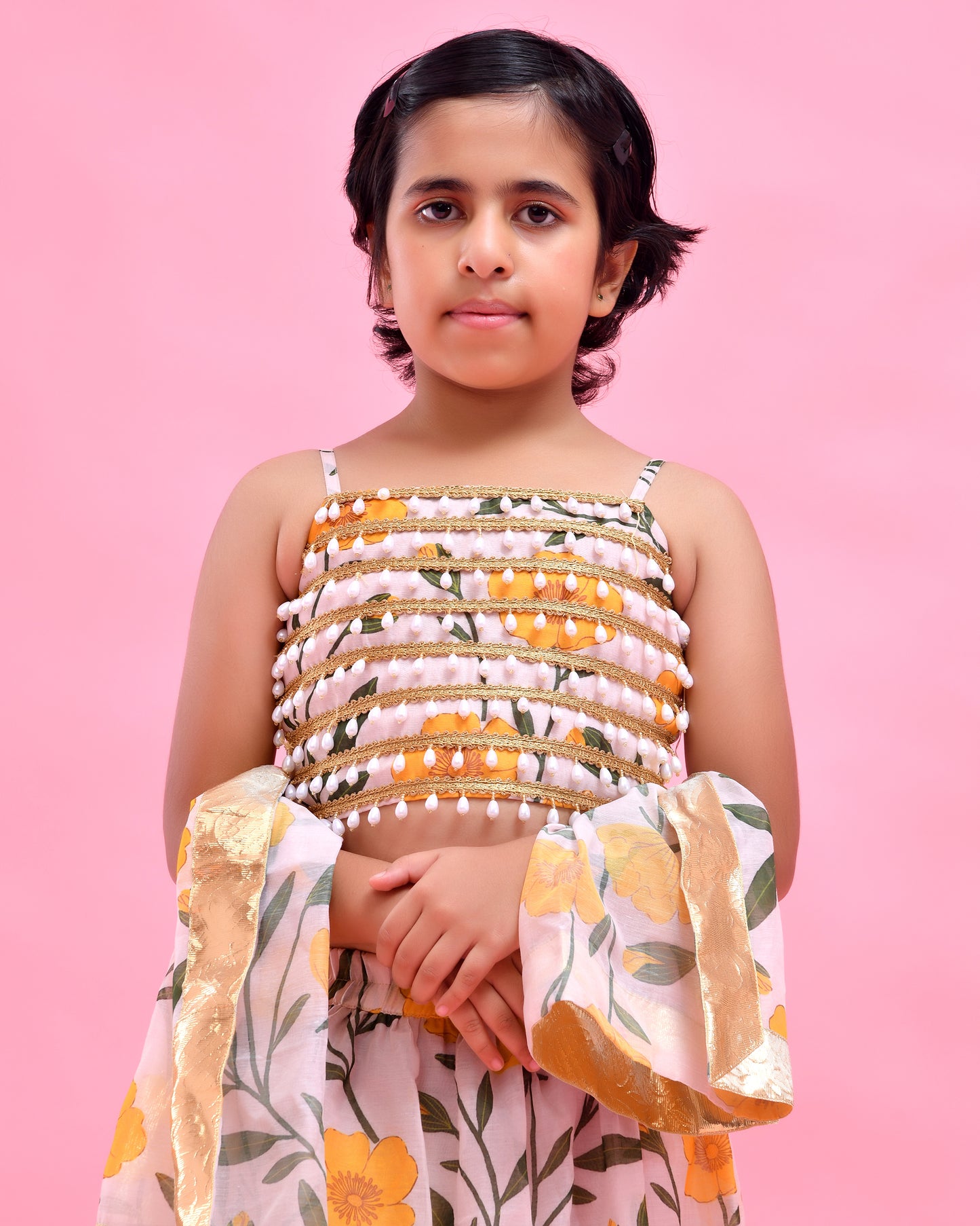 Off-White Chanderi Floral Printed Lehenga Set