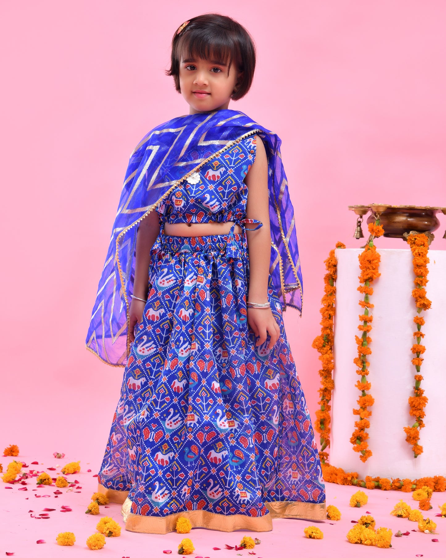 Blue Chanderi Printed Lehenga Set