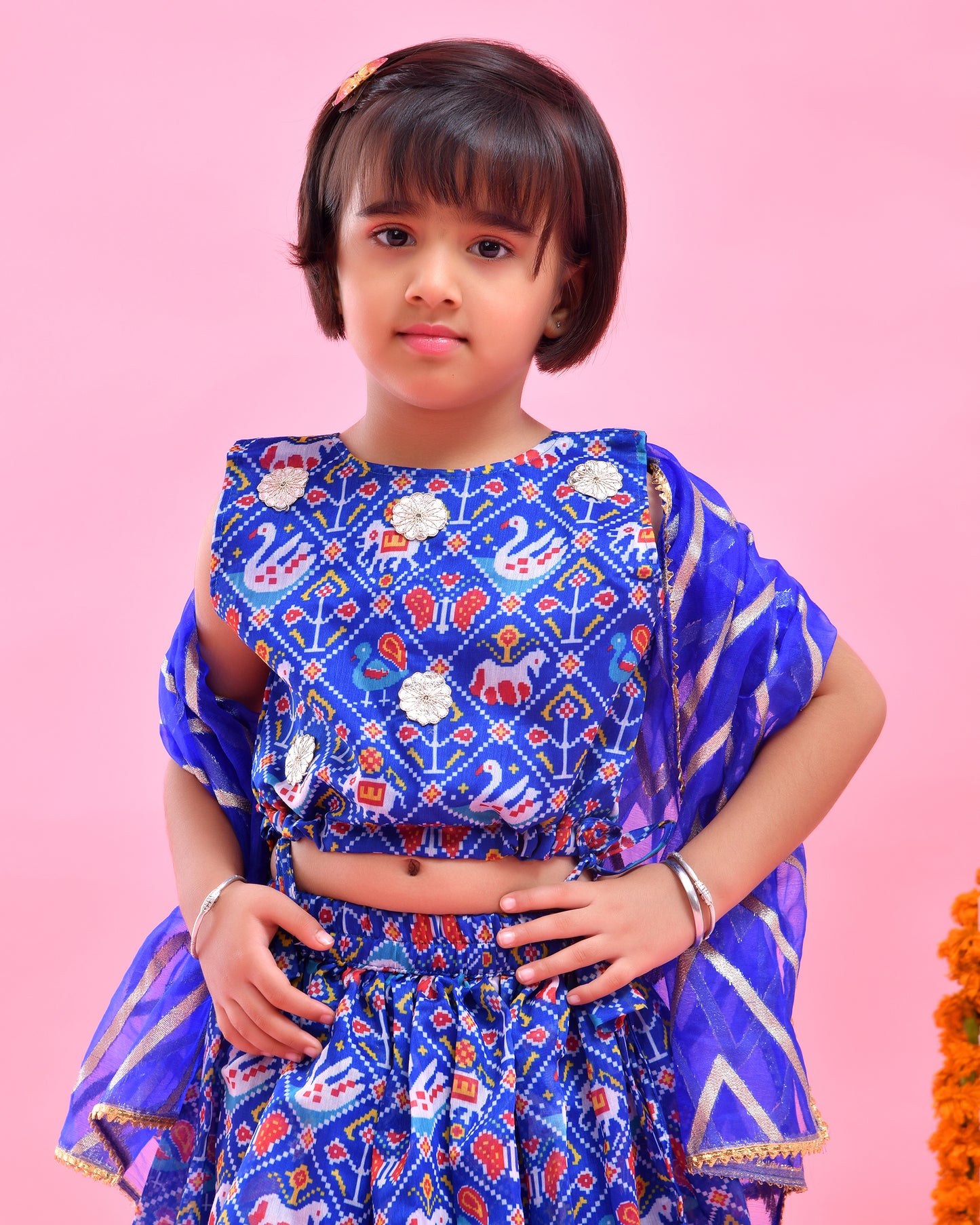 Blue Chanderi Printed Lehenga Set