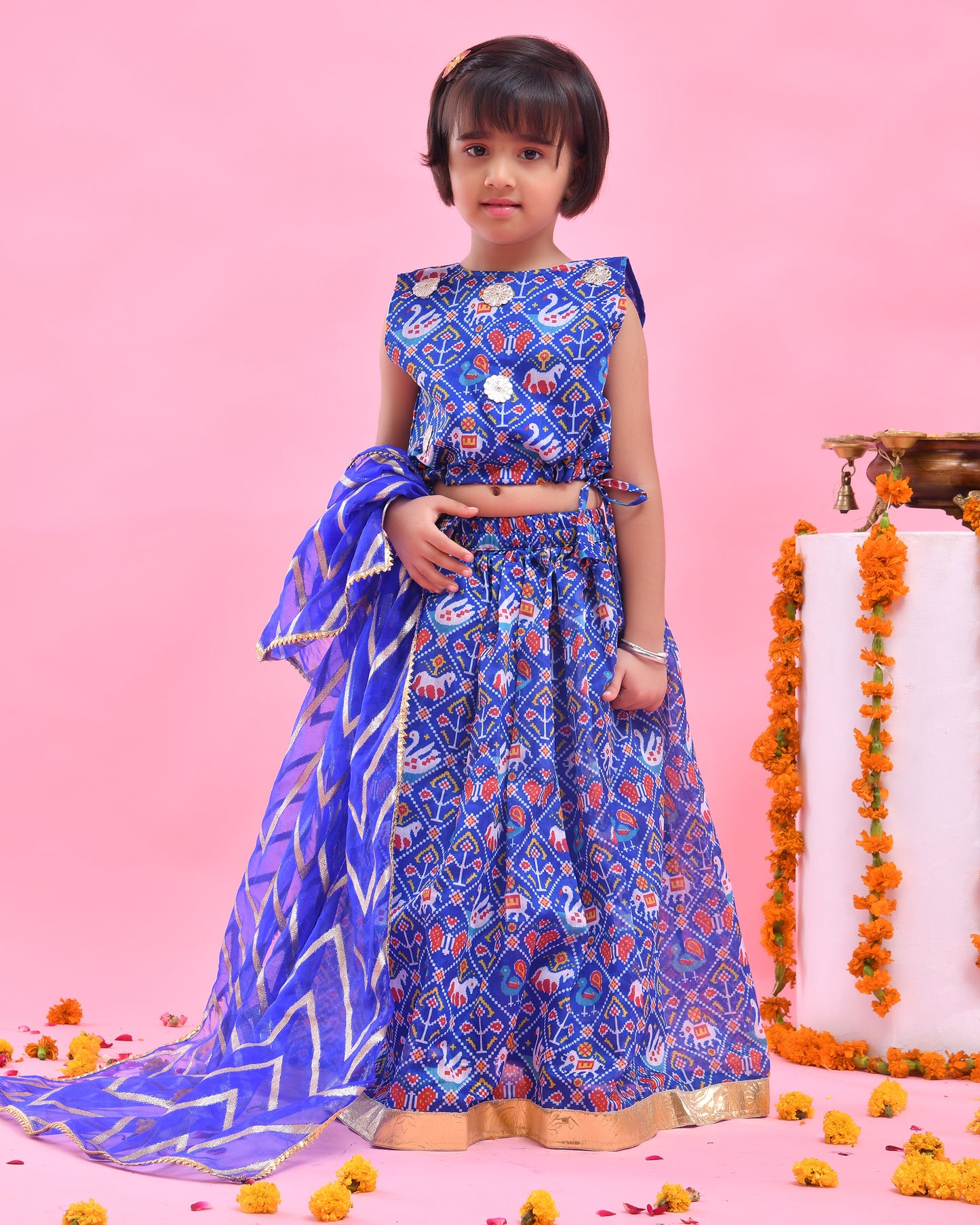 Blue Chanderi Printed Lehenga Set