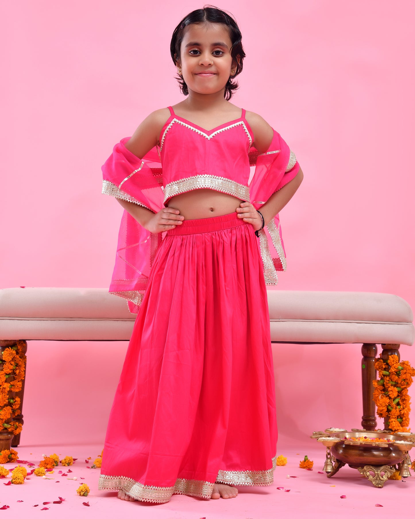 Rani Pink Cotton Silk Gota Embellished Lehenga Set