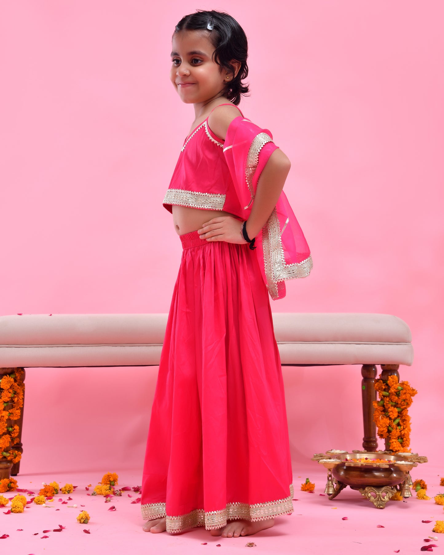 Rani Pink Cotton Silk Gota Embellished Lehenga Set