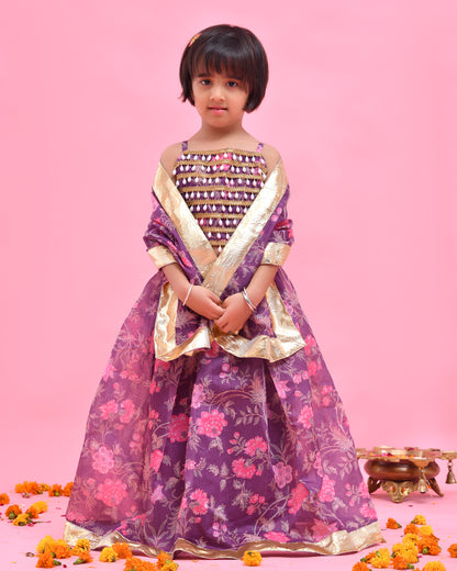 Purple Chanderi Floral Printed Lehenga Set
