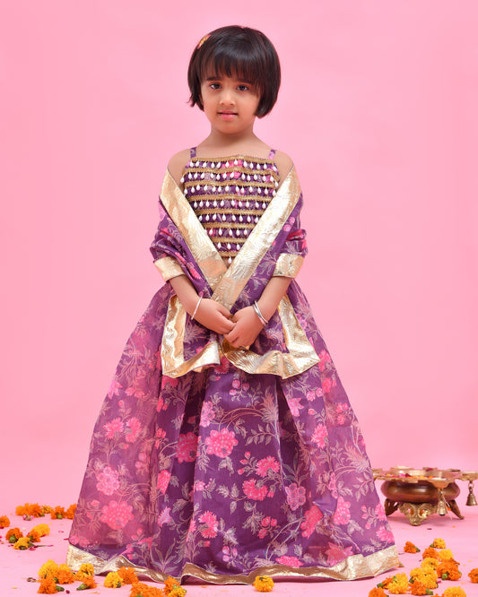 Purple Chanderi Floral Printed Lehenga Set