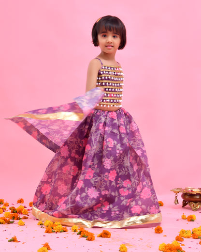 Purple Chanderi Floral Printed Lehenga Set