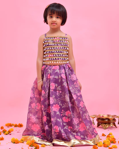 Purple Chanderi Floral Printed Lehenga Set