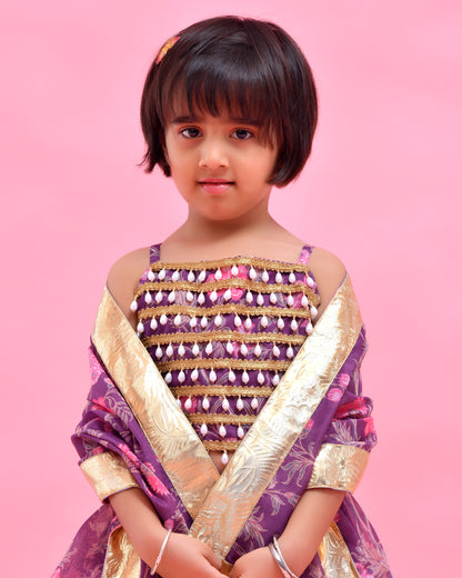 Purple Chanderi Floral Printed Lehenga Set
