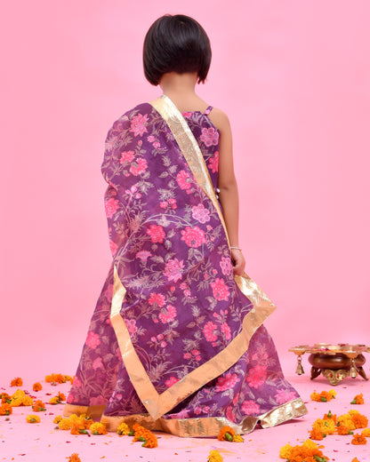 Purple Chanderi Floral Printed Lehenga Set