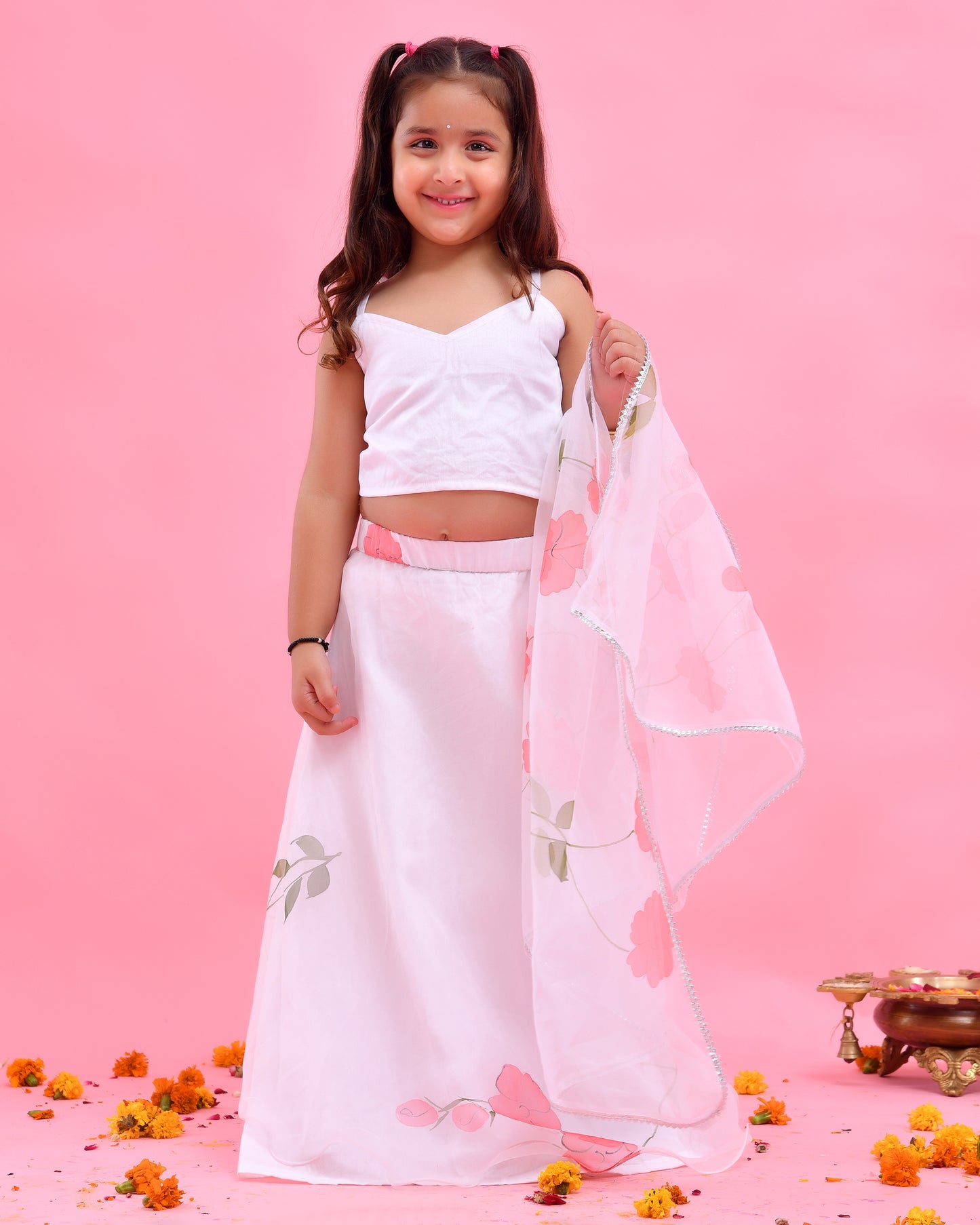 White Organza Floral Hand Painted Lehenga