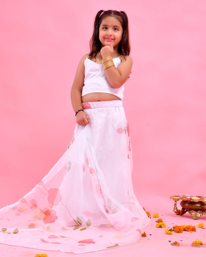 White Organza Floral Hand Painted Lehenga