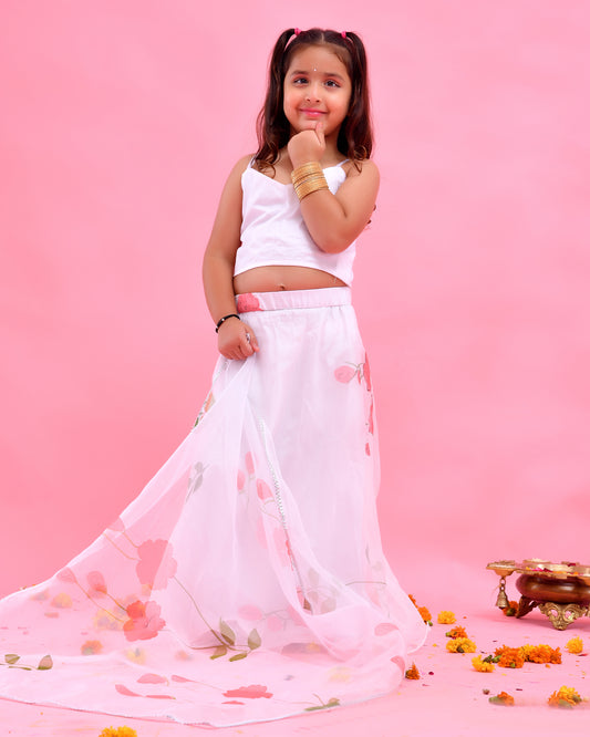 White Organza Floral Hand Painted Lehenga