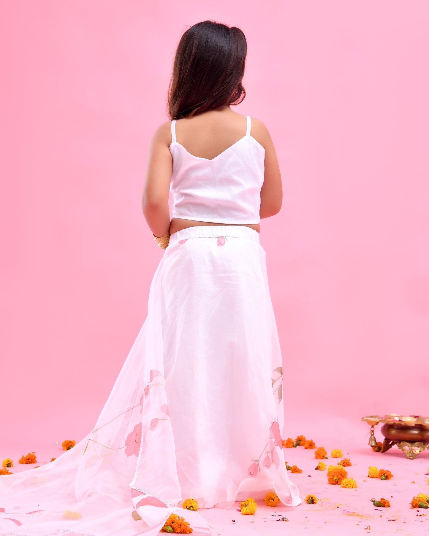 White Organza Floral Hand Painted Lehenga