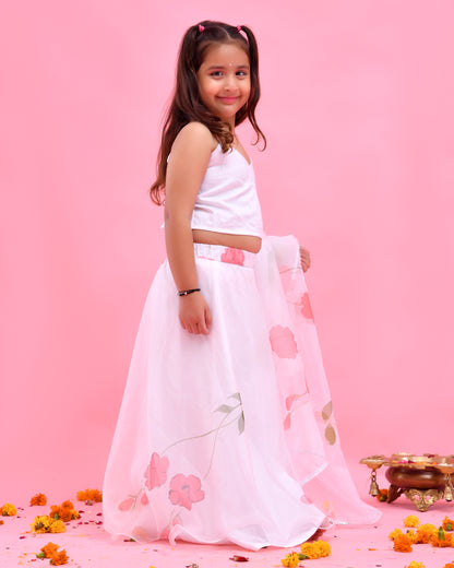 White Organza Floral Hand Painted Lehenga