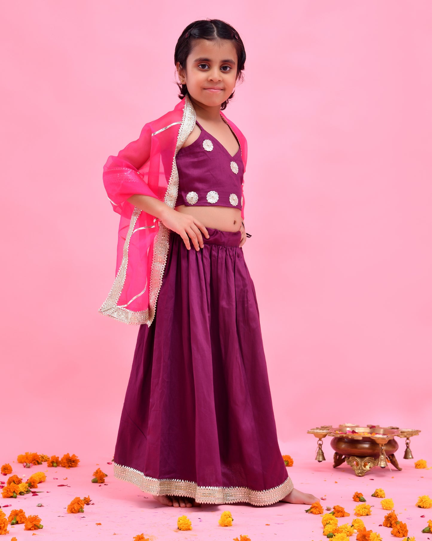 Purple Cotton Silk Gota Embellished Lehenga Set