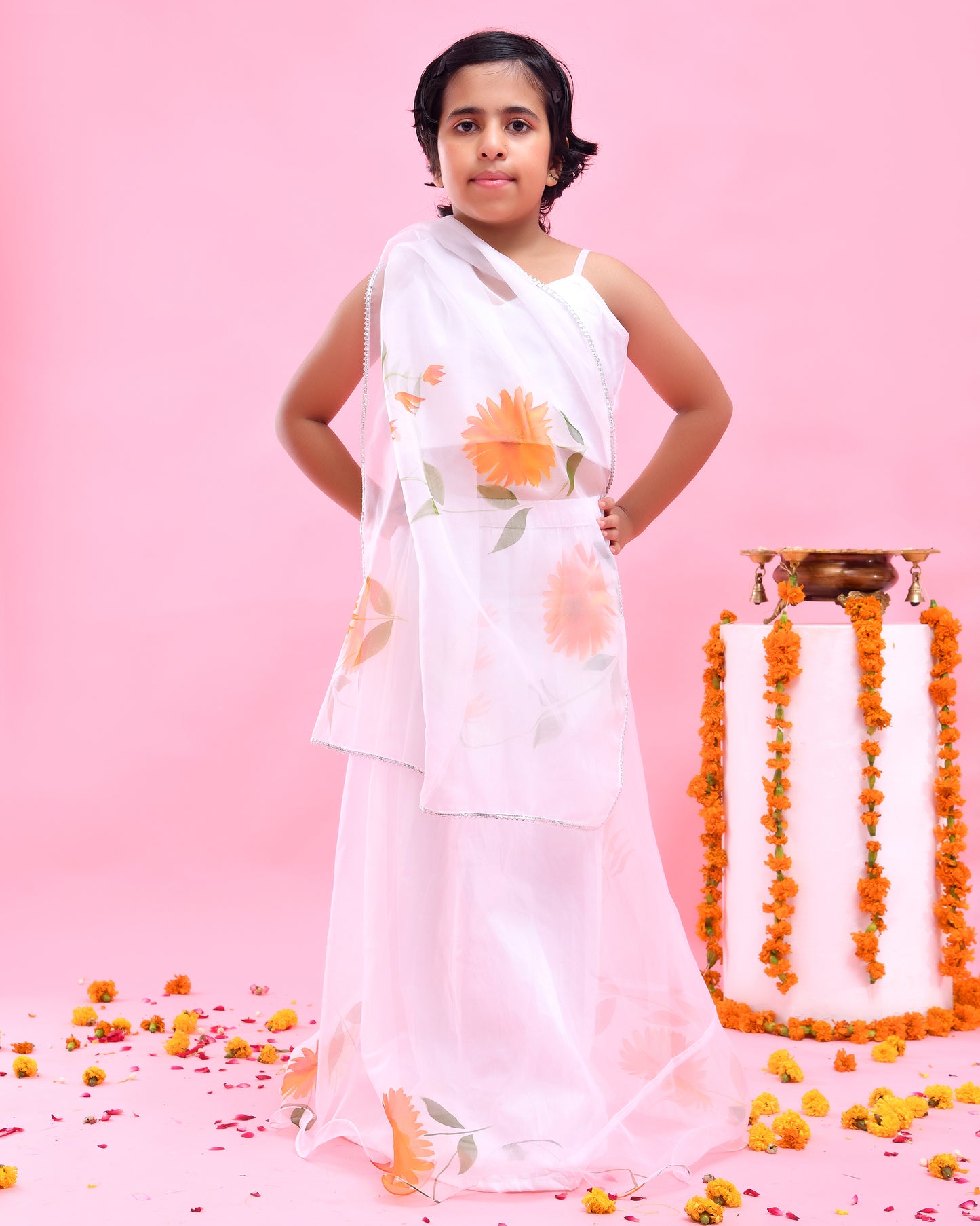 White & Orange Hand Painted, Organza Lehenga Set