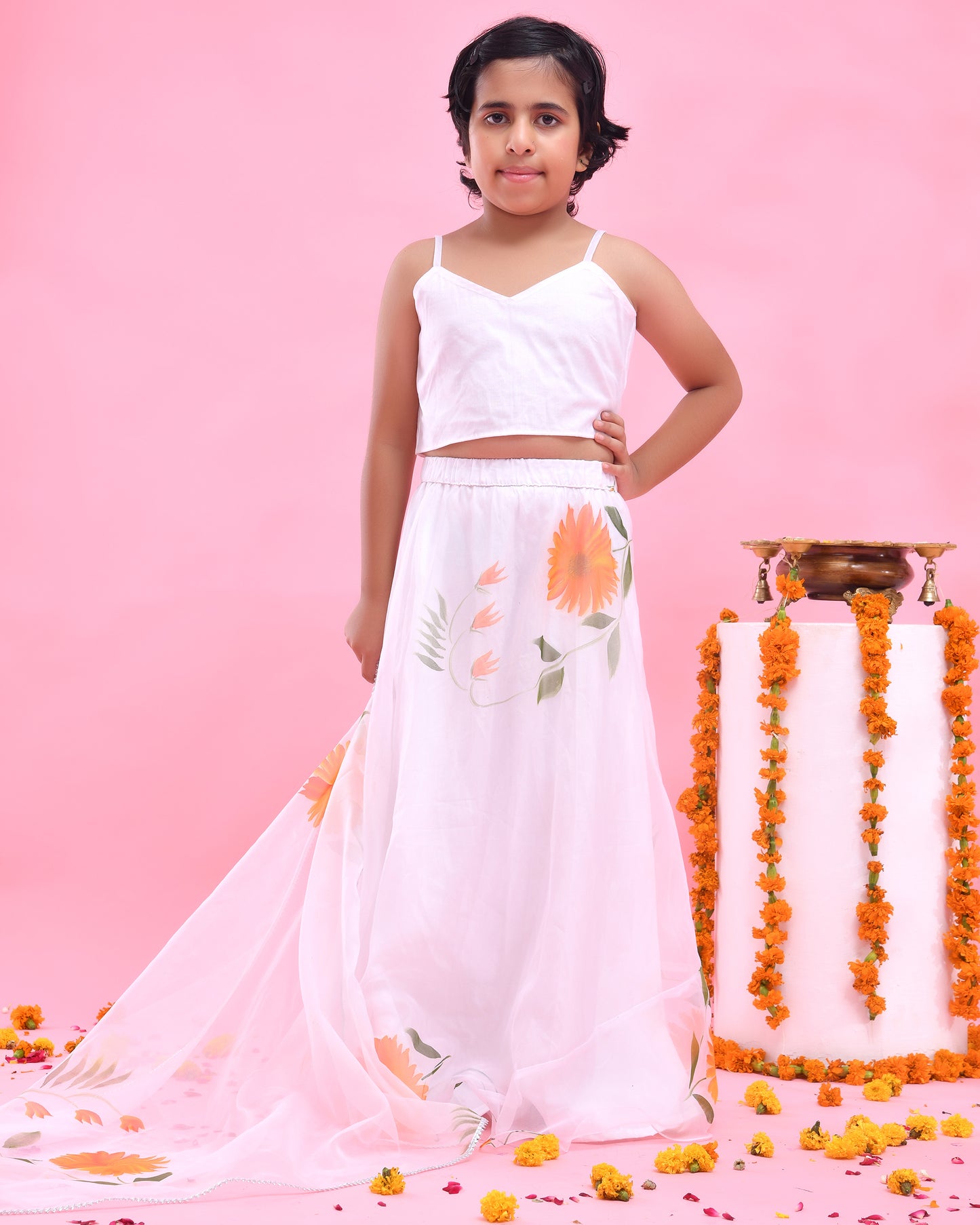White & Orange Hand Painted, Organza Lehenga Set