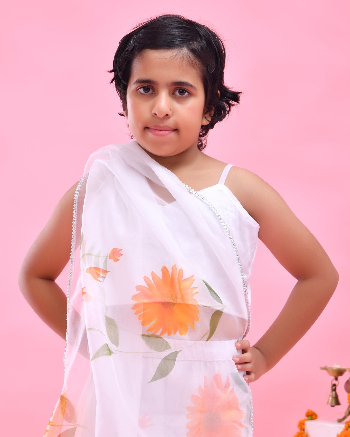 White & Orange Hand Painted, Organza Lehenga Set