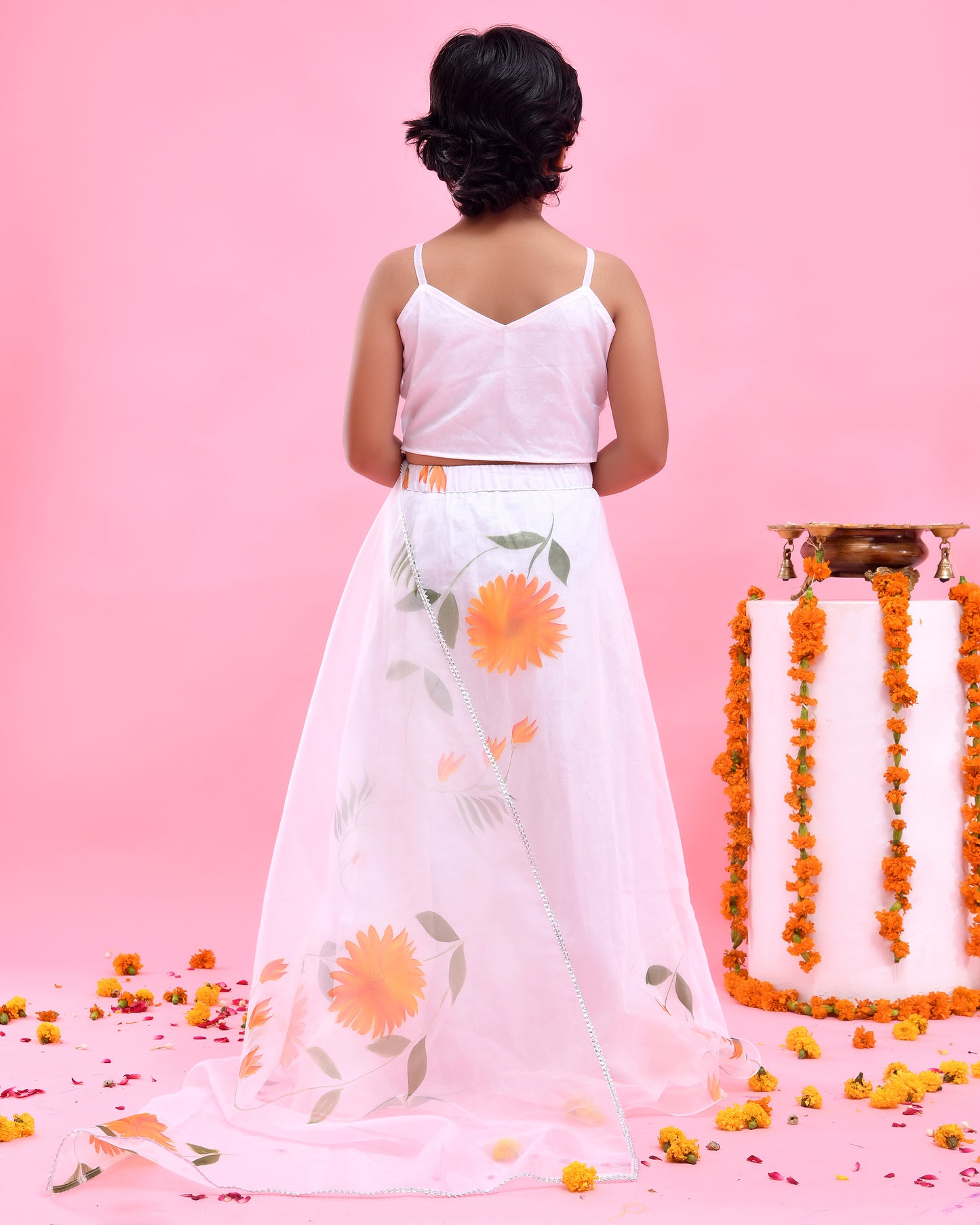 White & Orange Hand Painted, Organza Lehenga Set