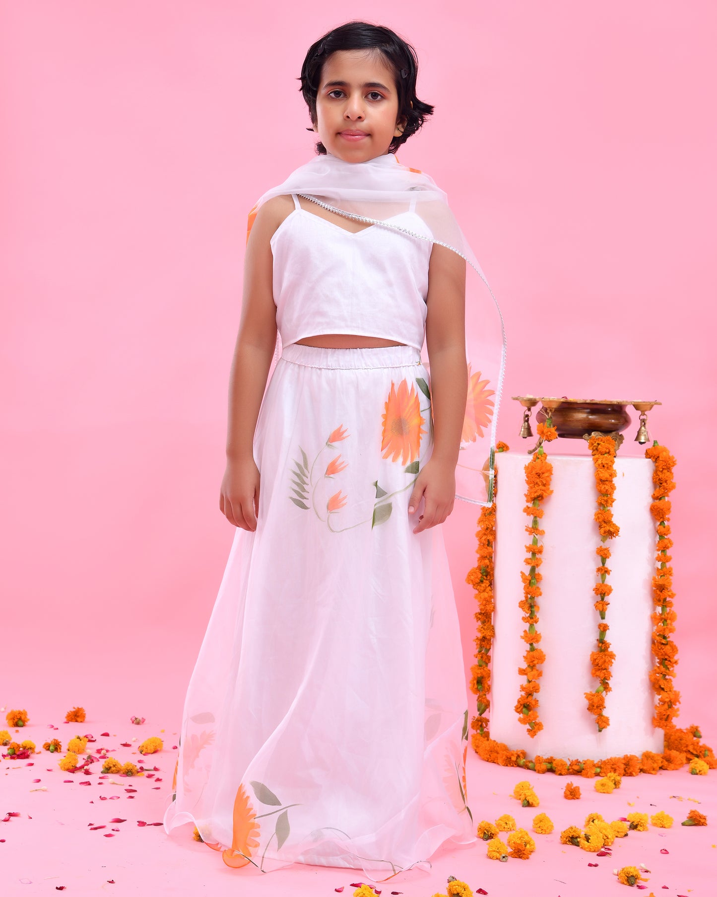 White & Orange Hand Painted, Organza Lehenga Set