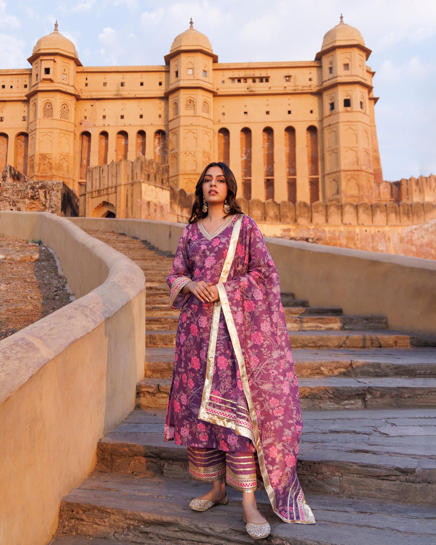 Purple Floral printed Chanderi Kurta Set