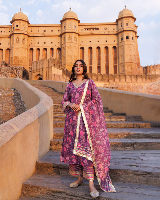 Purple Floral printed Chanderi Kurta Set