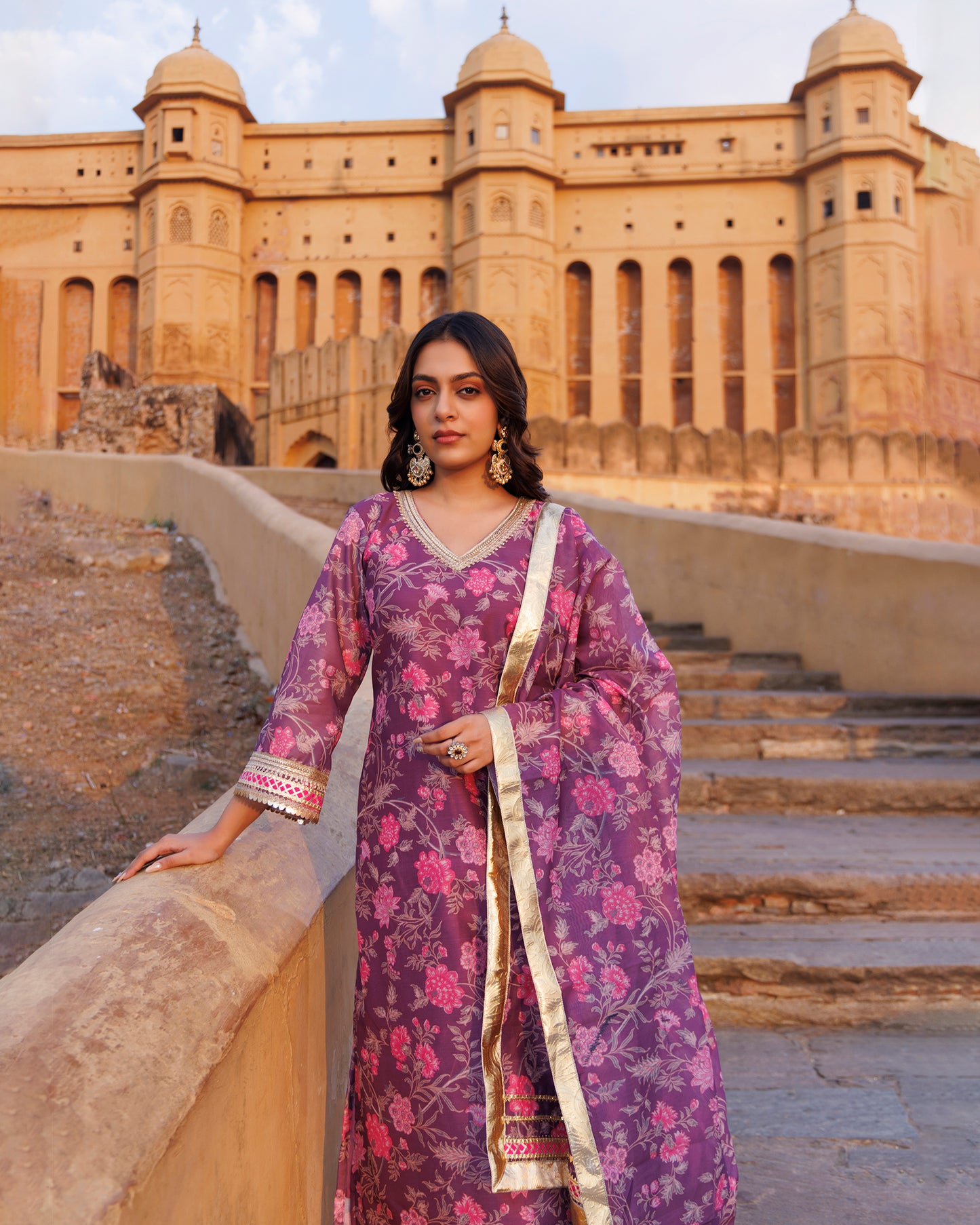 Purple Floral printed Chanderi Kurta Set