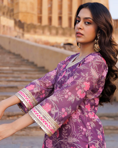 Purple Floral printed Chanderi Kurta Set