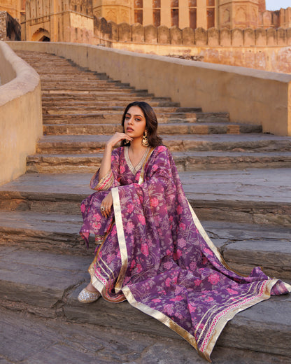 Purple Floral printed Chanderi Kurta Set