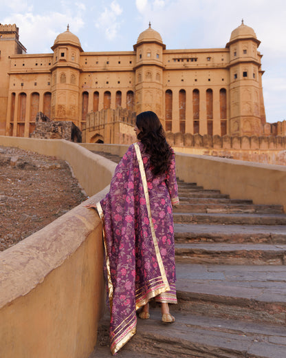 Purple Floral printed Chanderi Kurta Set