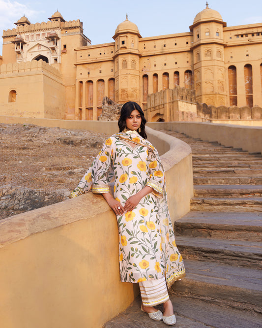 Off-white & Yellow Floral printed Chanderi Kurta Set