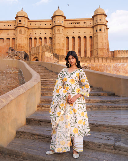 Off-white & Yellow Floral printed Chanderi Kurta Set