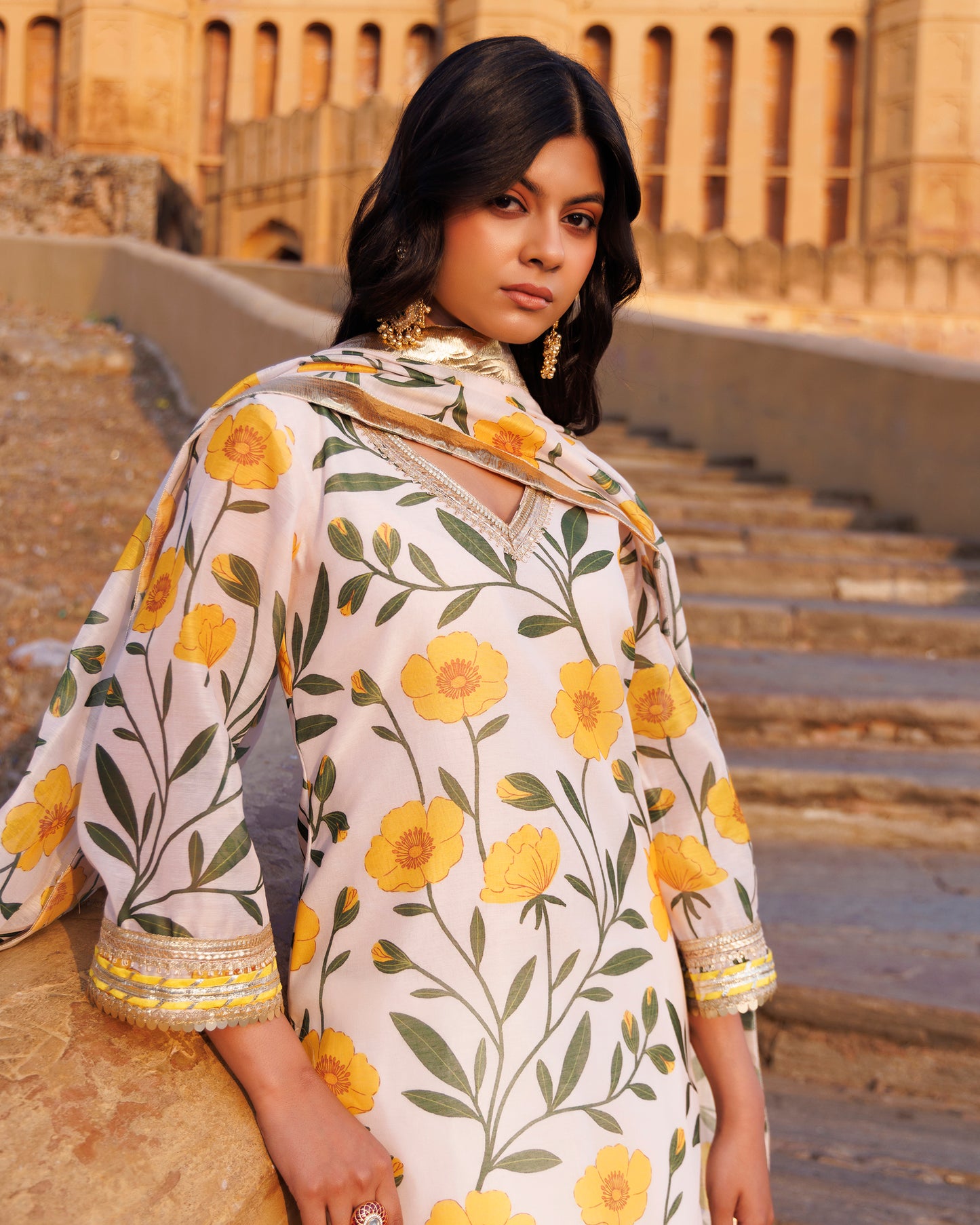 Off-white & Yellow Floral printed Chanderi Kurta Set