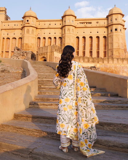 Off-white & Yellow Floral printed Chanderi Kurta Set