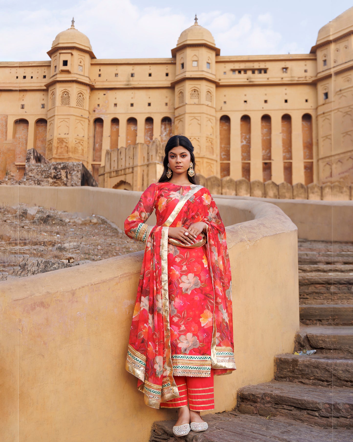 Coral Floral printed Chanderi Kurta Set